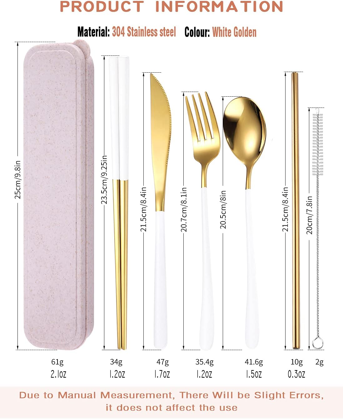 AARAINBOW 6 Pieces 18/8 Stainless Steel Flatware Set Portable Reusable Cutlery Set Travel Utensils Set Including Chopsticks Knife Fork Spoon Straws Cleaning Brush Dishwasher Safe (White golden)