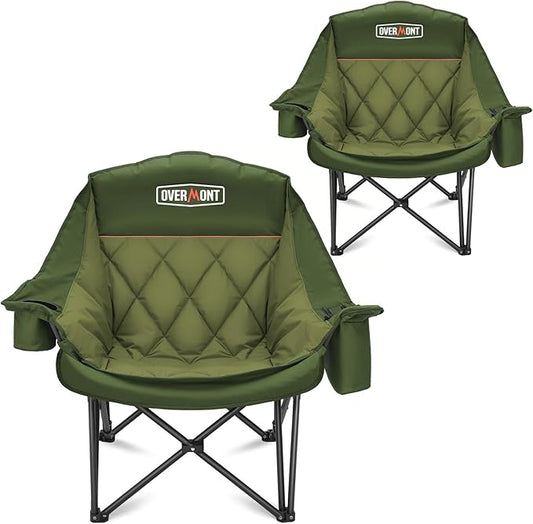 Overmont Oversized XL Camping Chair for Adults - 400lbs Support Heavy-Duty Padded Folding Chair with Side Pocket Cup Holder Cooling Bag for Outdoor Sports Garden Beach Fishing Lawn Green 2pcs