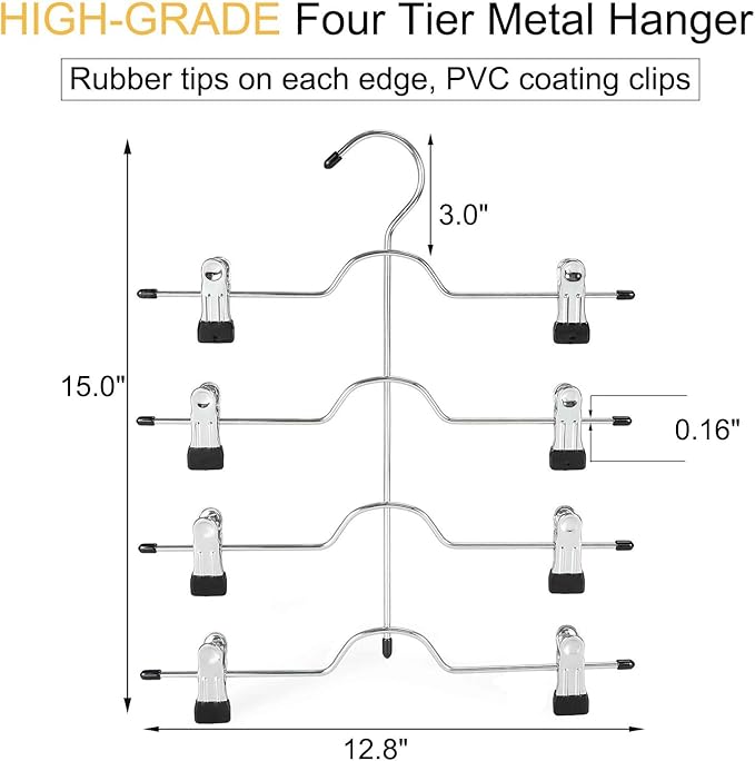 TOPIA HANGER 4 Tier Metal Skirt Hangers for Women, Pants Hanger Space Saving with Adjustable Clips, Gain 70% More Space, Non Slip Grip for Slacks, Trousers, Shorts, Jeans, Towels, Black, 3-Pack, CT24B