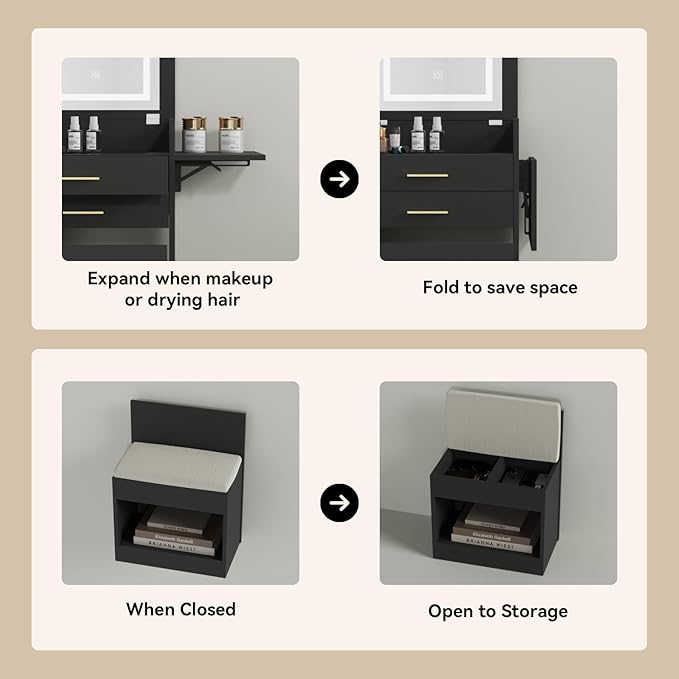 ARTETHYS Small Vanity Desk Set with Flip-top Mirror and Lights Black Integrated 3 in 1 Makeup Vanities Set for Tiny Space Compact Mini Dressing Table with Fold-up Panel and Storage Chair for Bedroom