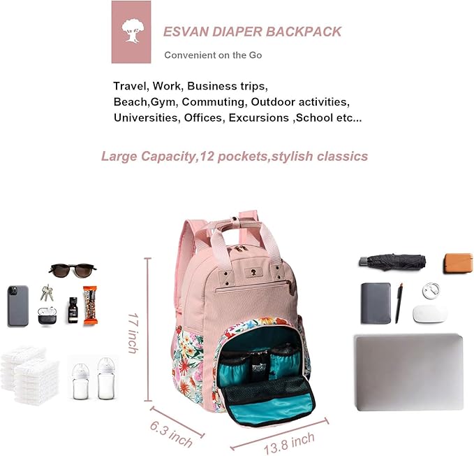 Diaper Bag Backpack, Large Capacity Multifunction Baby Essentials Fashion Travel Pack Linen Canvas office Laptop Bag (Corduroy A Pink Flower)