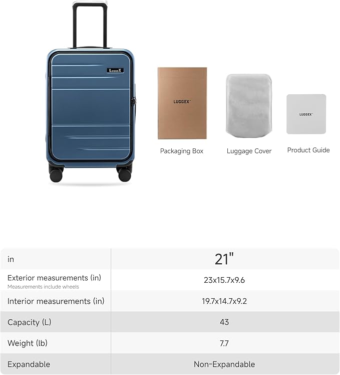 LUGGEX Carry On Luggage Top Opening, FLA Aluminum Frame Trunk Style Luggage 21 Inch, Polycarbonate Hard Shell Suitcase (FX-Enhance, Blue, 43L)