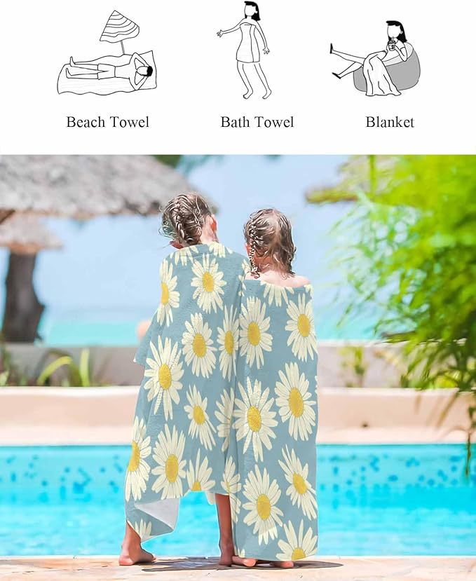 ALAGEO Beach Towels White Daisy Bath Pool Towel Yellow Flower Floral Blue Background Bath Towels Sand Free Beach Blanket Quick Dry Lightweight Travel Towel for Adults Beach Gifts 23x47 inch