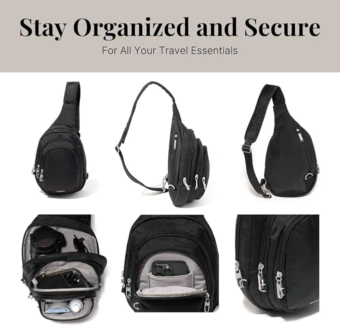 Baggallini Securtex® Anti-Theft Triple Zip Sling - Travel Backpack Sling Bag Crossbody - RFID Wallet Locking Zipper