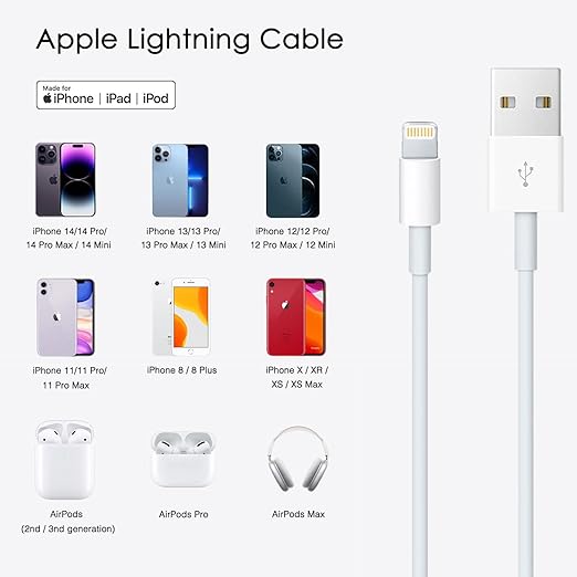 6ft USB A to Lightning Cable for iPhone 14, Carplay Cable Compatible for iPhone 14 pro max,13 Plus,SE 2nd/12/11/Xs/XR, Fast Charging Power Cord AirPods Pro, AirPods (2nd/3nd Gen) Earbuds, Max Cord