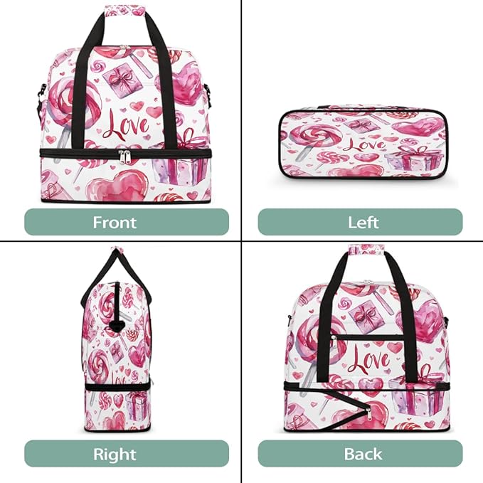 Pink Heart Candy Gift Large Weekender Bag with Shoe Compartment Travel Duffel Bags for Women Carry On Hospital Overnight Bag Foldable Personal Item Travel Bags Tote Gym Sports Airplanes