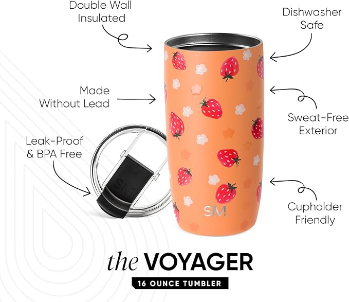 Simple Modern Travel Coffee Mug Tumbler with Flip Lid | Reusable Insulated Stainless Steel Cold Brew Iced Coffee Cup Thermos | Gifts for Women Men Her | Voyager Collection | 16oz | Strawberry Fields