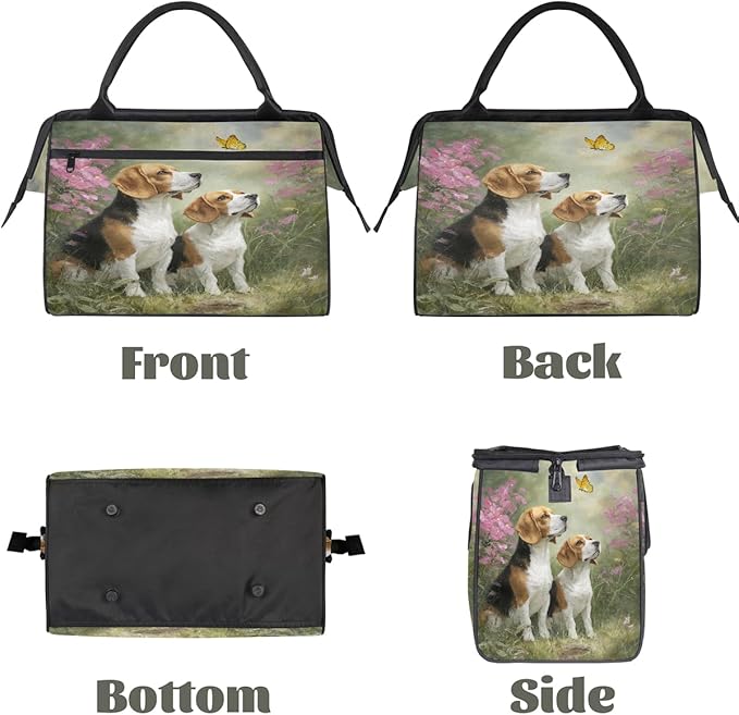 Travel Duffel Bag, Two Cute Beagle Dogs Floral Waterproof Sports Gym Duffle Bag, Large Capacity Weekender Carry On Overnight Bags for Women Men