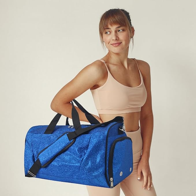 NGIL Glitter Cheers Sports Gym Duffel with Shoe Compartment and Small Carry on Travel Tote Bags for Women, Gym bag, Overnight bags for Women, Cheer Bag (Glitter-Royal)