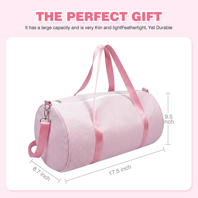 Personalized Seersucker Duffle Bag for Girls, Custom Dance Bag with Embroidered Name,Overnight Bag Ballet Gym Weekender Travel Bag