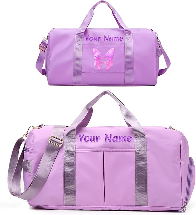 Custom Duffle Bag, Personalized Embroidered Sports Gym Bag for Women/Men, Travel Bag with Double-Sided Customization and Separate Wet and Dry Pockets and Shoe Bags-Purple