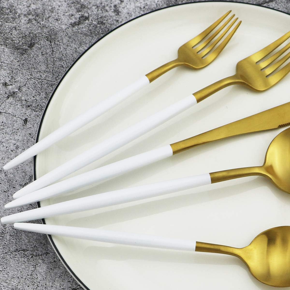 White Handle Matte Gold Silverware Set,Gugrida 5-Piece 18/10 Stainless Steel Satin Finish Flatware Set,Kitchen Utensil Set,Tableware Travel Cutlery Set for Camping Office Lunch, Dishwasher Safe