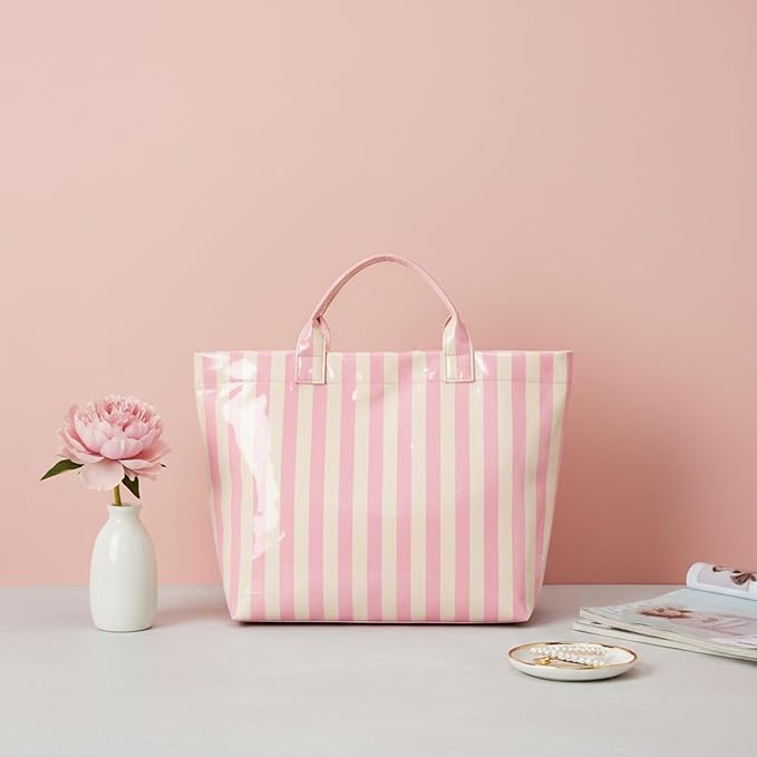 JQWYGB Striped PVC Tote Bag Large Glossy Striped Handbags Waterproof Top Handle Bag Plastic Tote Handbag Beach Travel Work