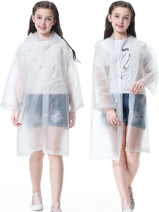 Kids Rain Poncho, Reusable EVA Children Raincoat for 6-13 Girls Boys, Waterproof Rain Jackets Rainwear with Hood