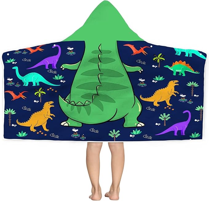 Dinosaur Beach Towel, Dinosaur Towel for Kids with Hood T-rex Hooded Towel for Boys 30x50" Cool Cartoon Microfiber Bath Towel Poncho Bathrobe for Swin Pool cover Up, Green Blue dinosaur birthday gifts