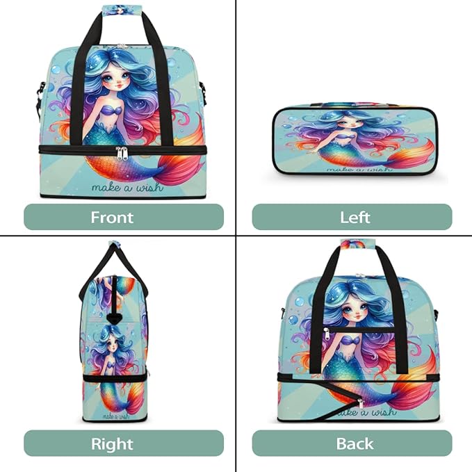 Rainbow Mermaid Girls Large Weekender Bag with Shoe Compartment Travel Duffel Bags for Women Carry On Hospital Overnight Bag Foldable Personal Item Travel Bags Tote Gym Sports Airplanes