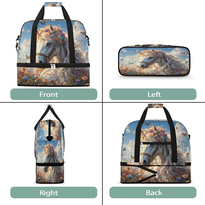 Foldable Travel Duffel Bag for Women - Carry on Personal Item Bag with Shoes Compartment, Weekender Overnight Duffle Bags Sport Tote Gym Luggage for Airplanes Traveling(Flower Horse)