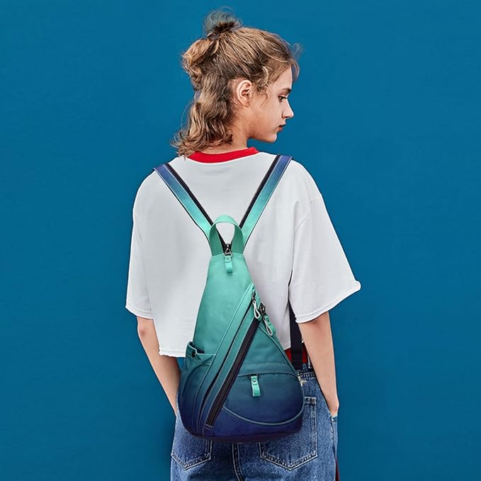 KL928 Canvas Sling Bag - Small Crossbody Backpack Shoulder Casual Daypack Rucksack for Men Women(Large Version,Blue+GrayishGreen)