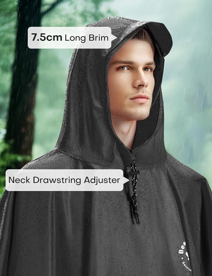 Hooded Rain Poncho for Adult, TPU IP8000mm Waterproof Coating, Reusable Unisex Rain Poncho for Hiking Travelling