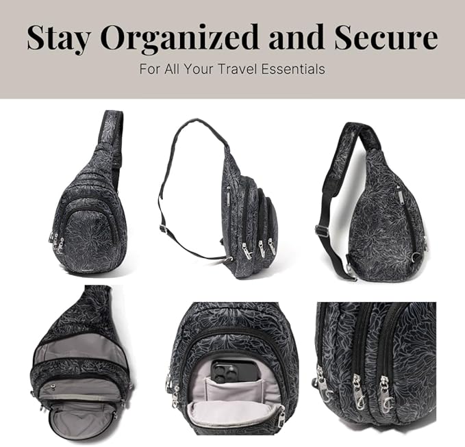 Baggallini Securtex® Anti-Theft Triple Zip Sling - Travel Backpack Sling Bag Crossbody - RFID Wallet Locking Zipper