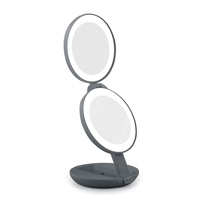 Zadro Compact Travel Makeup Mirror with Lights, 10X/1X Dual Magnification, LED Lighted Folding Design, Battery Operated Portable Mirror for Purse, Desk, or Travel Use (Shadow)