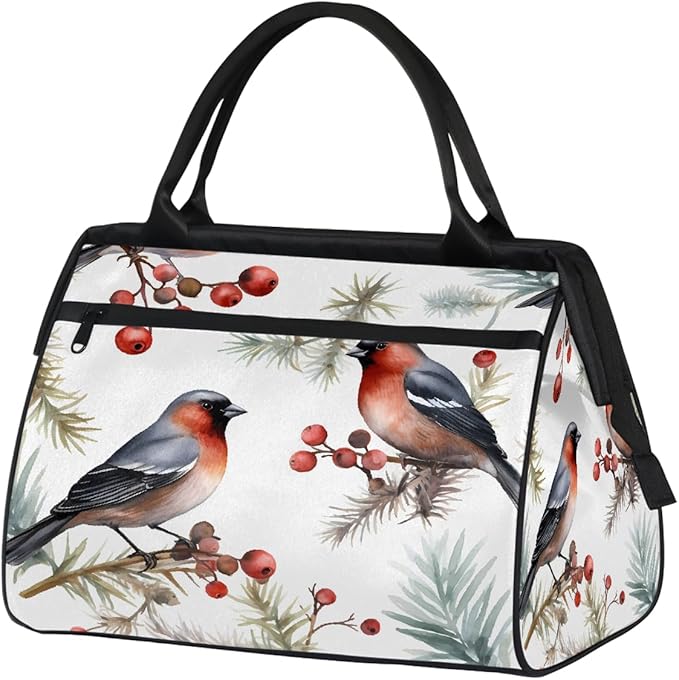 Travel Duffel Bag, Watercolor Winter Bullfinches Holly Leaf Waterproof Sports Gym Duffle Bag, Large Capacity Weekender Carry On Overnight Bags for Women Men