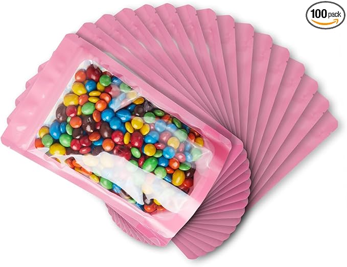 LZLPACKING 100 Pieces resealable Mylar Bags with Clear Front Window,Smell Proof Edible Packaging,Stand up Pouches for Food Storage(Pink/5×8 Inch/12.7 x 20.3cm)