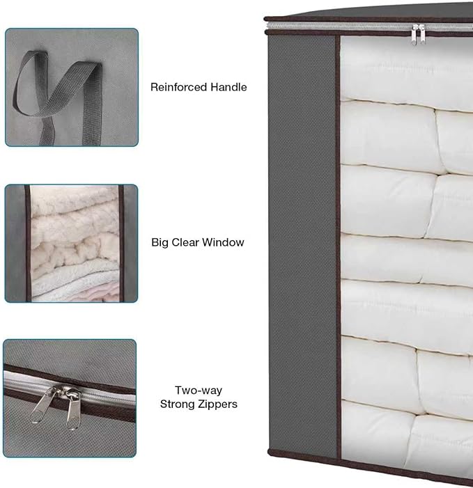 90L Extra Large Clothes Storage Bags, 6 Pack Blanket & Clothing Storage Bins, Foldable Closet Organizers with Clear Window and Reinforced Handles for Clothing, Blankets, Bed Sheets and Pillows