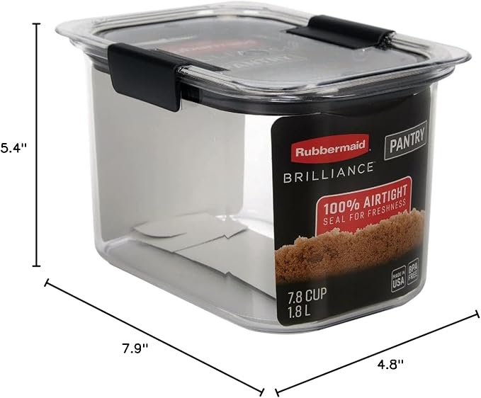 Rubbermaid Brilliance Pantry Airtight Food Storage Container,BPA-Free 7.8 Cup,Ideal for Brown Sugar - Efficient,Leak-Proof and Dishwasher-safe,(Pack of 2)