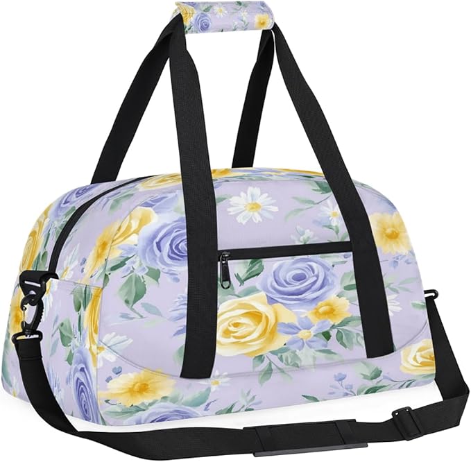 Kids Duffle Bag Girls Boys Spring Summer Rose Flowers On Purple Weekender Overnight Bag,Lightweight Duffel Bags for Traveling Gym Sport Dance