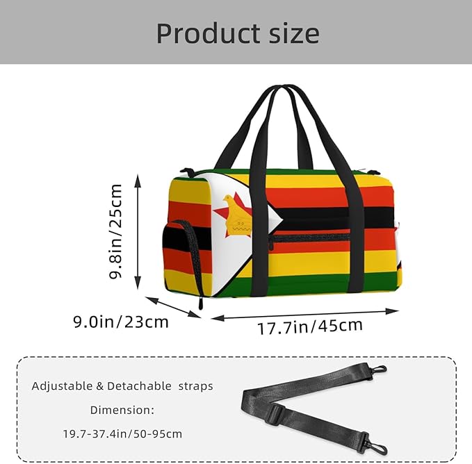 Flag of Zimbabwe Print Gym Bag with Shoe Compartment for Women Men, 17.7in Sports Duffle Weekender Tote, Overnight Travel Duffel Bag Carry On