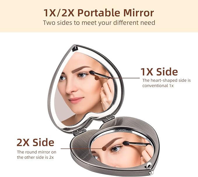Mini Vintage Heart Elegant Metall Makeup Mirror, Portable 1X/2X Magnifier (Silver)