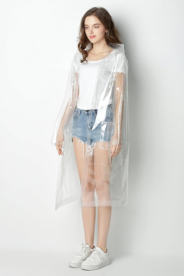 Freesmily Super Transparent Raincoat for Women Fashion EVA Waterproof Rain Poncho with Hood Drawstring