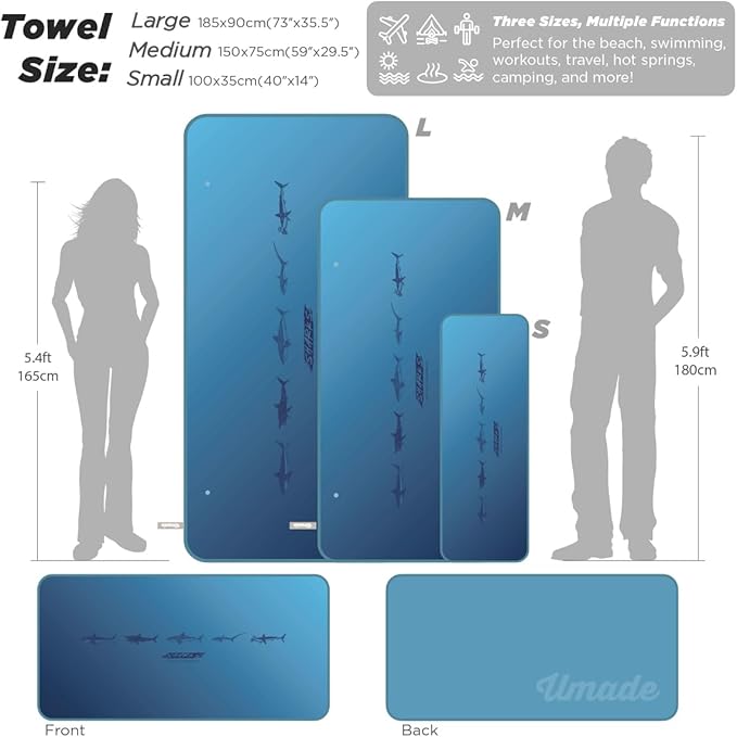 Umade Oversized Microfiber Beach Towel, L 73" x 35.5" - Sand Free Quick Dry Lightweight Travel Towel, Hanging Loop & Elastic Strap, Sharks (Ocean Blue)