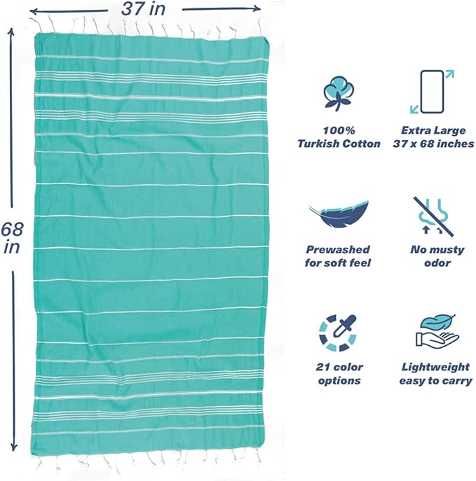 Hencely Turkish Beach Towel 37x68 Oversized, Sand-Free, Quick-Dry, Lightweight - Travel Essential for Pool & Bath - Striped 100% Cotton Bathroom Towels Accessories Gift (Mint Green)