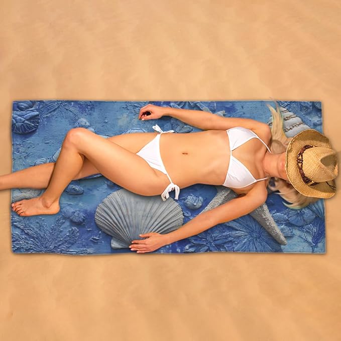 Turtle Starfish Seashell Blue Beach Towel, Large Microfiber Quick Dry Lightweight Pool Bath Towels Sand Free Beach Blanket for Summer Cruise Yoga Camping Travel Vacation Essentials 31 x 61 in