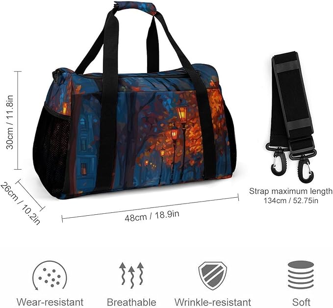 Autumn Path with Streetlights Duffle Bag Gym Bag for Workout Travel Tote with Detachable Straps