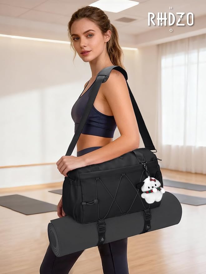 Small Gym Bag for Women with Yoga Mat Holder and Wet Compartment, Mini Gym Duffle Bag Yoga Bag with Water Bottle Pocket for Workout Travel, Black
