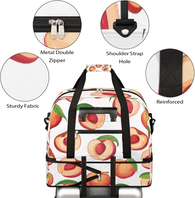 Pink Fruit Peach Large Weekender Bag with Shoe Compartment Travel Duffel Bags for Women Carry On Hospital Overnight Bag Foldable Personal Item Travel Bags Tote Gym Sports Airplanes