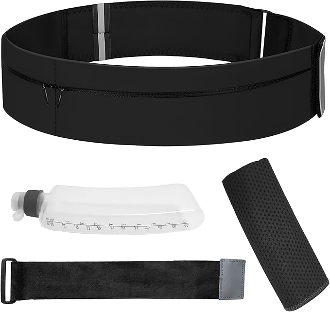 Running Belt for Women Men with Water Bottle & Cooling Towel,Waterproof Running Bag with Adjustable Extension Strap & 3 pocket, Reflective Belt Waist Pack for Hiking, Jogging & Travel (Black, Medium)