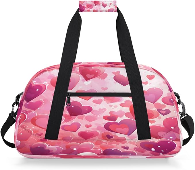 Travel Duffle Bag, Pink Hearts Love Waterproof Weekender Overnight Bags for Women Men Lightweight Carry on Duffle Gym Bag for Travel, Sports, Fitness, Workout