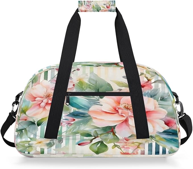 Travel Duffle Bag, Peach Floral Stripe Watercolor Waterproof Weekender Overnight Bags for Women Men Lightweight Carry on Duffle Gym Bag for Travel, Sports, Fitness, Workout