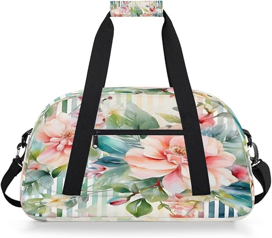 Travel Duffle Bag, Peach Floral Stripe Watercolor Waterproof Weekender Overnight Bags for Women Men Lightweight Carry on Duffle Gym Bag for Travel, Sports, Fitness, Workout