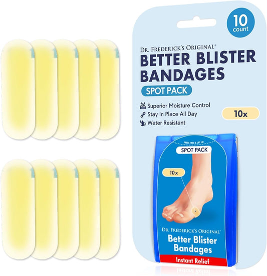 Dr. Frederick's Original Better Blister Bandages - 10 ct - Water-Resistant - 40% More Cushioning - Hydrocolloid Pads for Foot Protection & Recovery - Blister Relief Pads - Spot Pack