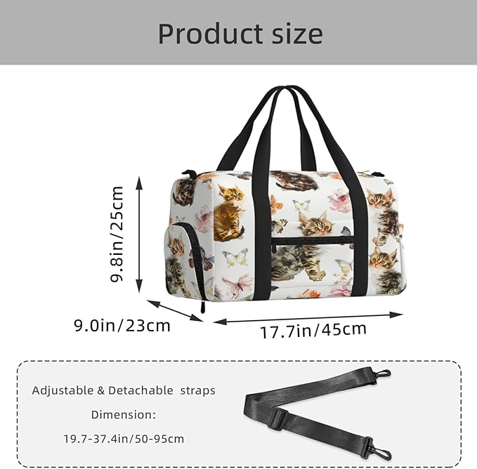 Sports Gym Bag Butterflies Cats Kittens Pattern Travel Duffel Bag With Shoe Compartment Shoulder Strap, Lightweight Water-Resistant Weekend Overnight Totes For Women Men