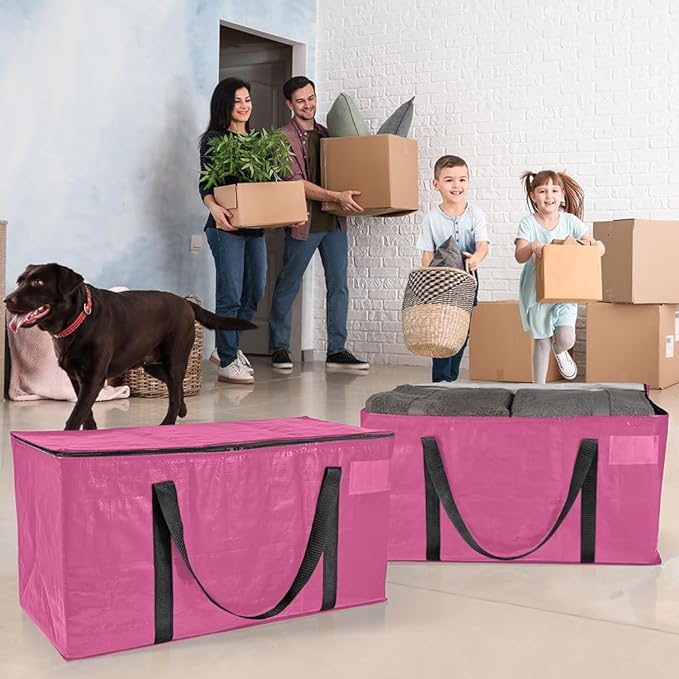 ClearSpace Heavy Duty Moving Bags or Storage Bags – Pink Storage Bins with Lids, Large Moving Boxes with Backpack Straps & Zippers,– Packing Box & Moving Supplies for College Dorm, 8 Pack