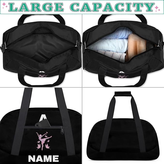 Personalize-Kids-Sports-Duffel-Bags With Custom Name Text Carry-On Overnight Travel Gym Lightweight Dance Pattern Sports Bags For Girls Boys Kids,Black