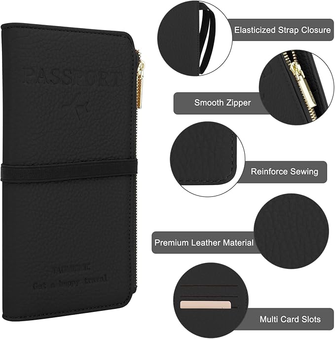 DOB SECHS Leather Passport Holder RFID Blocking Passport Wallet Case for Women, Travel Accessories Organizer Credit Cards Pouch Bag with ID Window+Zippered Cash Pocket+SIM Slots, Brown
