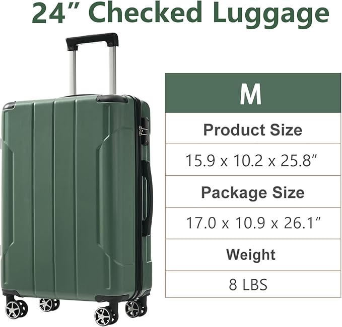 24 Inch Hardshell Luggage Lightweight Checked Luggage, Green Hardside ABS Suitcases with Double Wheels and TSA Lock, Medium Expandable 24-inch Carry on Luggages for Travel, Men, Women