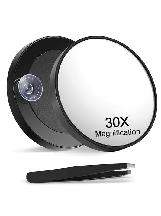 30X Magnifying Mirror with 2 Suction Cups, 3.5 inches Magnified Makeup Mirror and Slant Tweezers,Black,1PC